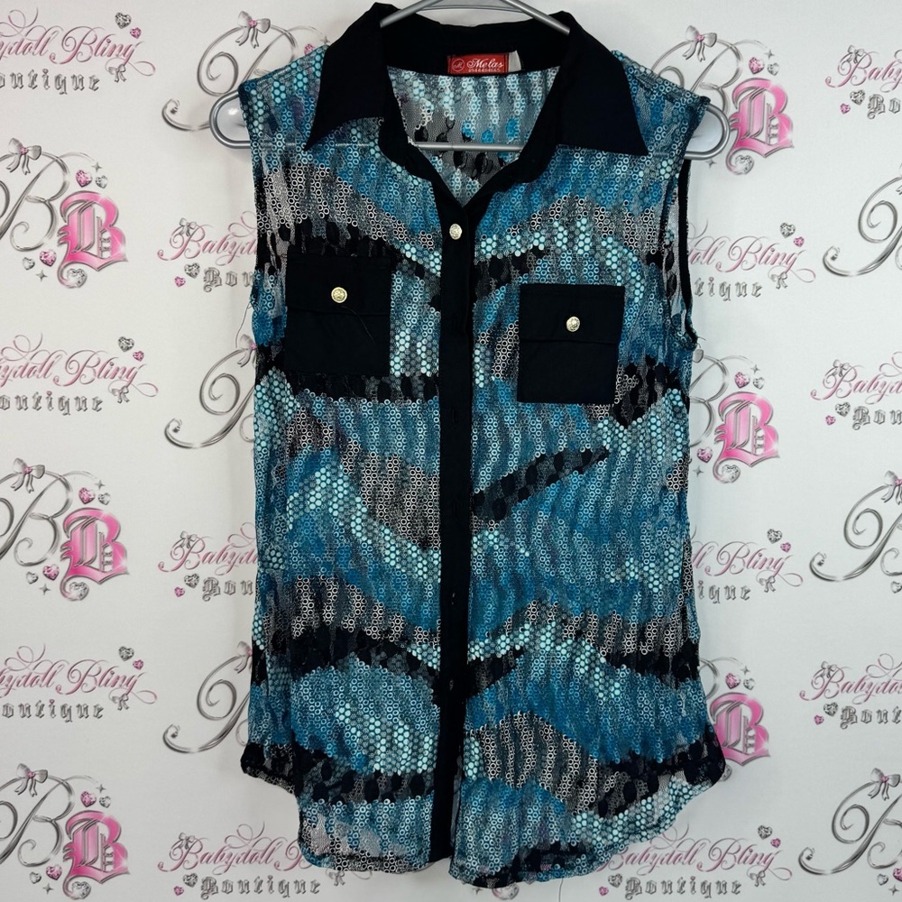 Melas tank top button down mesh style collared pockets Blue and Black boho Top